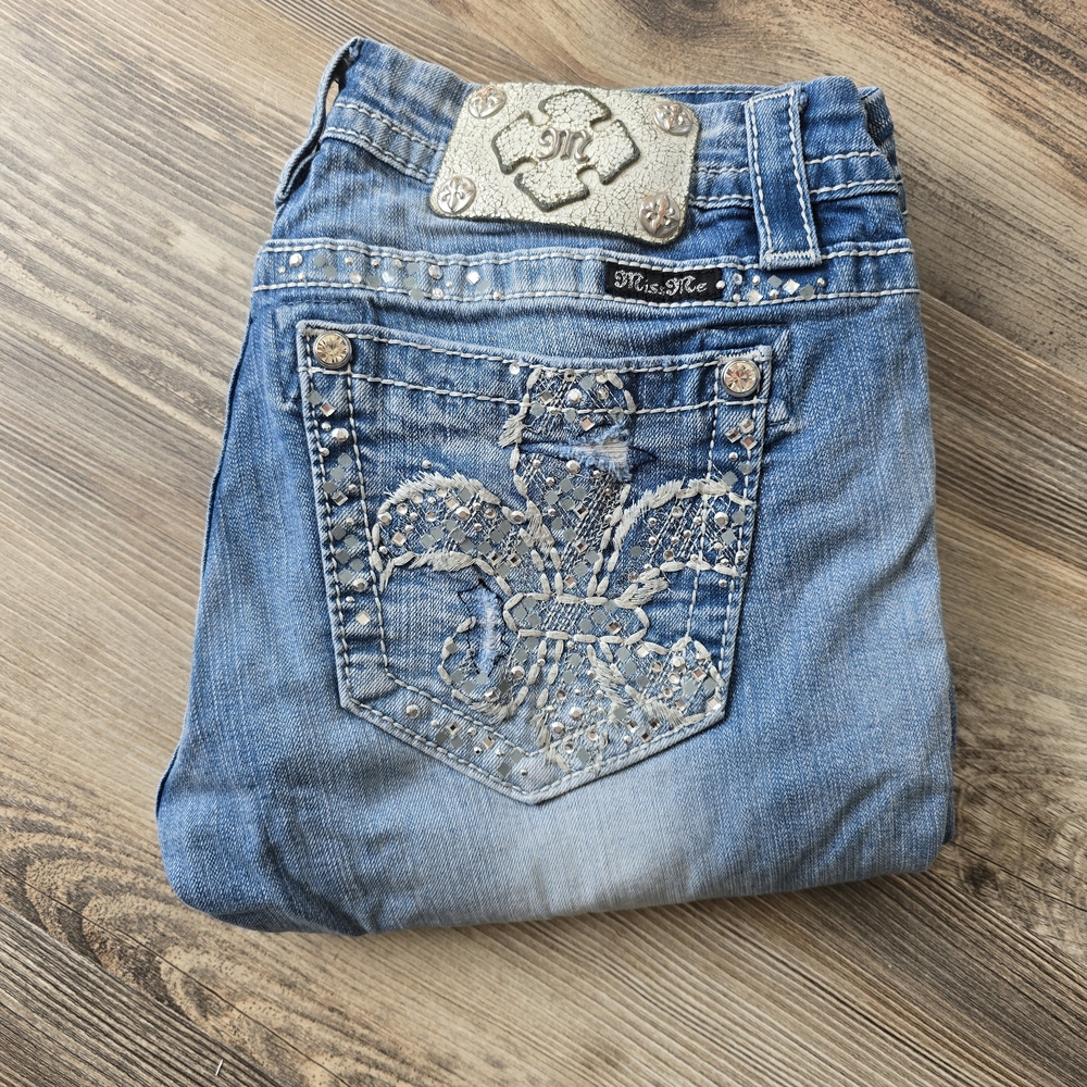 Miss Me Blue Boot Cut Jeans with Ornate Embroidery